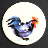 Running Low, Blue-Black Rooster Chicken Large Porcelain Button 1-1/2"