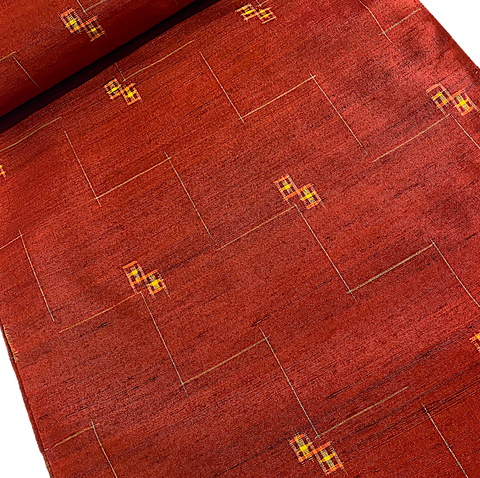 14" x 54" PIECE Dark Vivid Orange-Red Textured Ikat Vintage Kimono Silk from Japan  #404-Rem