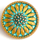 Gold+Teal Sunflower Czech Glass Button 3/4" 19mm, Shank Back  #CZ-144