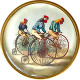Re-Stocked, Bicycling Chickens / Roosters Crystal Dome Button 1.25" by Susan Clarke # SC-1129