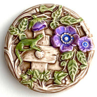 Last One, Gecko on Fence, Hand Painted Art Stone Button by Susan Clarke 1.5" #SC-1067 (