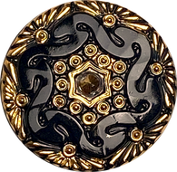New Markdown, Black/Gold Czech Glass Button 1-1/16", Lacy Glass by Susan Clarke  #SC-1519C