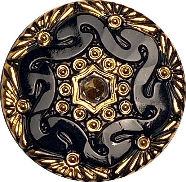 New Markdown, Black/Gold Czech Glass Button 1-1/16", Lacy Glass by Susan Clarke  #SC-1519C