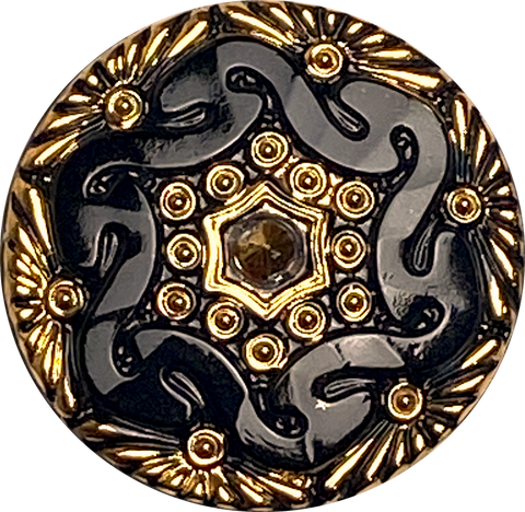 New Markdown, Black/Gold Czech Glass Button 1-1/16", Lacy Glass by Susan Clarke  #SC-1519C
