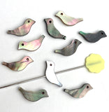 Re-Stocked, Ten Tiny Bird Beads, Silvery MOP Natural Iridescent Shell  1/2" - 9/16" / 12mm,  #LP-54