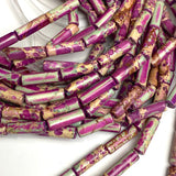 Tribal Magenta Gemstone Cylinder Tube Beads, 13mm x 4mm, 1/2" Long, Dyed Natural Imperial Jasper Strand of 27 #LP-35