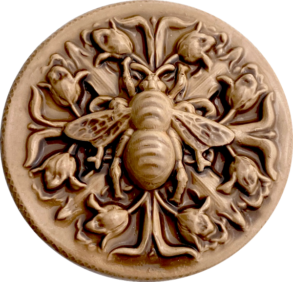 SALE Large Bee and Flowers Brown/Caramel Art Stone Button by Susan Clarke 2" #SC-2015