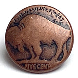 Bulk Deal, 30 Buffalo Nickel Replica Buttons, Tiny 7/16" Dark Copper, Metal Shank Back.   # FJ-19-30