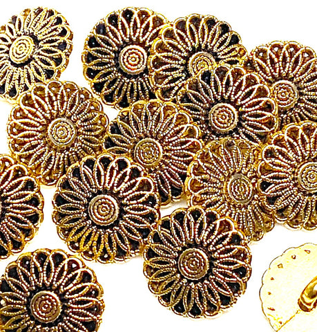 Better Bulk Deal: 57 Buttons, High-Sheen Gold Aster Flower 5/8" Metal Button, 15mm Shank Back  #FJ-117