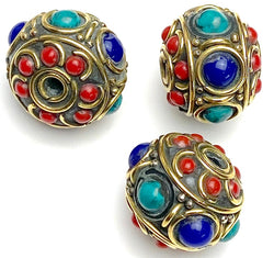 Last One, Turquoise, Coral and Lapis Brass Beads from Nepal, 15mm x 19mm,   # L-795