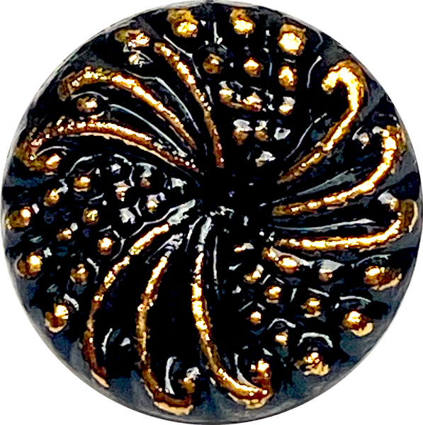 Black/Gold Czech Glass Swirls, 14mm Vintage 9/16" Button Pack of 3 for $7 #VB-25