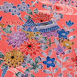 Running Low, Salmon Pink Bingata Tsumugi Handweave Vintage Kimono Silk from Japan, By the Yard,  #222