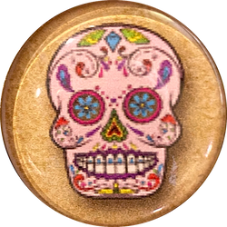 Sugar Skull, Pink with Blue Flower Eyes Button, Crystal Acrylic Dome,  1" Shank Back #SK-2024A