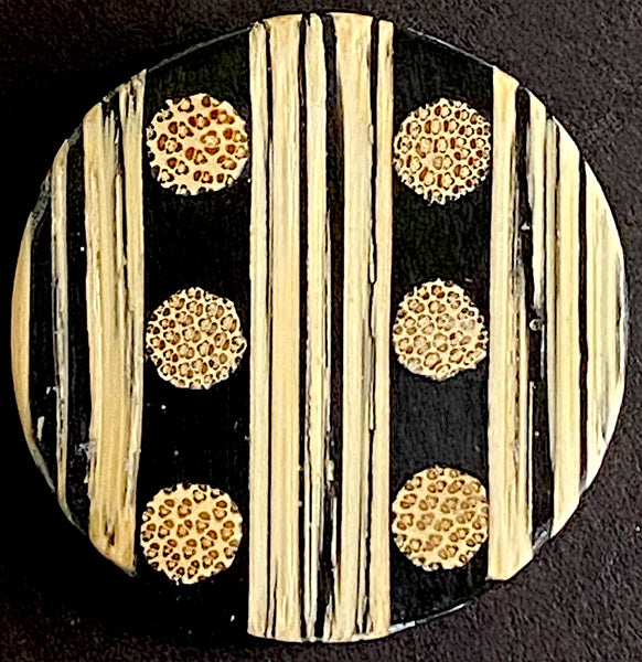 Black + Tan 1-3/16" Bamboo Dots and Stripes Natural Shank Back Artisan Button # SK-665
