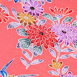 Running Low, Salmon Pink Bingata Tsumugi Handweave Vintage Kimono Silk from Japan, By the Yard,  #222