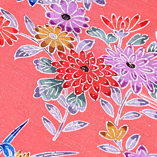 Last of This, Pink Bingata Tsumugi Hand Woven Vintage Kimono Silk from Japan, 14" x 56" With Fringe, Labels and Border  #222