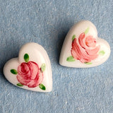 Pink Rose Hand Painted on White Vintage Glass Heart 9/16" Button from Susan Clarke  #SC-51