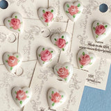 Pink Rose Hand Painted on White Vintage Glass Heart 9/16" Button from Susan Clarke  #SC-51