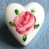 Pink Rose Hand Painted on White Vintage Glass Heart 9/16" Button from Susan Clarke  #SC-51