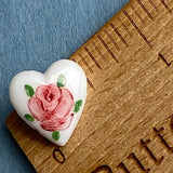 Pink Rose Hand Painted on White Vintage Glass Heart 9/16" Button from Susan Clarke  #SC-51