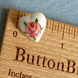 Pink Rose Hand Painted on White Vintage Glass Heart 9/16" Button from Susan Clarke  #SC-51