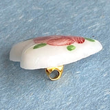 Pink Rose Hand Painted on White Vintage Glass Heart 9/16" Button from Susan Clarke  #SC-51