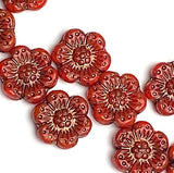 SALE - Red Wild Rose Czech Glass Beads, PACK OF SIX Beads, 13mm / 1/2, #L-925