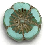 Turquoise / Taupe Hibiscus Flower Czech Glass Bead 9/16" / 14/15mm,  #LP-122