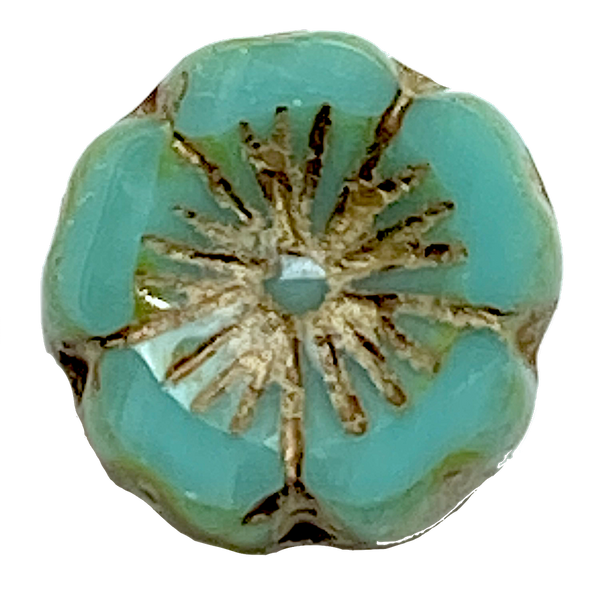 LAST ONES Turquoise / Taupe Hibiscus Flower Czech Glass Bead 9/16" / 14/15mm,  #LP-122