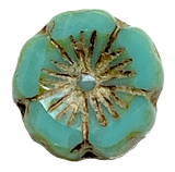 Turquoise / Taupe Hibiscus Flower Czech Glass Bead 9/16" / 14/15mm,  #LP-122
