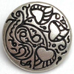 SALE, Heart Leaf Squiggles Antique Silver 13/16" Shank Back Metal Button 20mm  #FJ-43