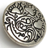 SALE, Heart Leaf Squiggles Antique Silver 13/16" Shank Back Metal Button 20mm  #FJ-43