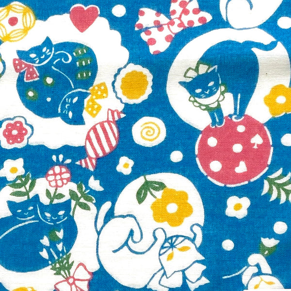 Turquoise Afternoon Cats, Tenugui Towel from Japan, 100% Cotton 12" x 34"  #RK-13