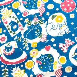 Turquoise Afternoon Cats, Tenugui Towel from Japan, 100% Cotton 12" x 34"  #RK-13