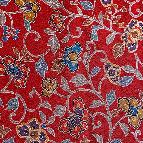 Deep Red Swirls and Fantasy Flowers Traditional Vintage Kimono Chirimen Crepe 14" x 61"  #KK-171