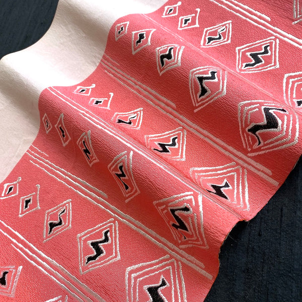 Sale, REMNANT 11" x 60" PIECE, Heavy Thick Pink, Silver, Black Vintage Kimono Obi Silk from Japan  #774
