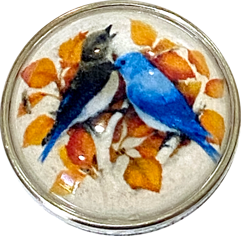 Last One, Bluebirds 1-1/2" Artisan Crystal Button, by Susan Clarke #1174