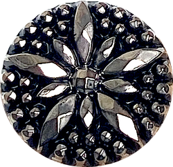 6 Vintage Glass, Black/Gunmetal Star-Flower Button 15/16" Germany, 23mm Shank Back 1940's? Set of Six #VB-32