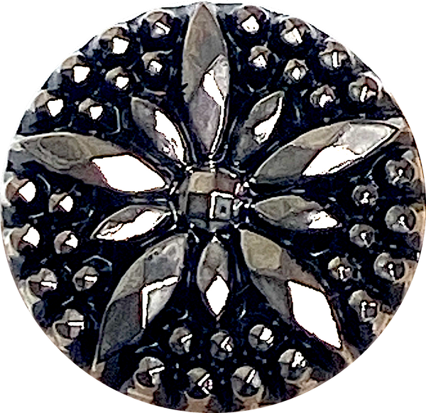 6 Vintage Glass, Black/Gunmetal Star-Flower Button 15/16" Germany, 23mm Shank Back 1940's? Set of Six #VB-32