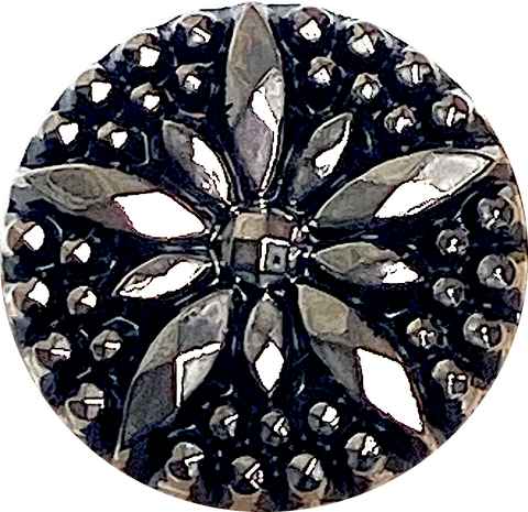 6 Vintage Glass, Black/Gunmetal Star-Flower Button 15/16" Germany, 23mm Shank Back 1940's? Set of Six #VB-32