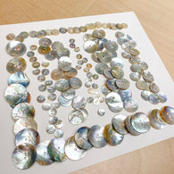BULK DEAL 7 Sizes MIX: Approx. 140 Moonrise Shell Buttons, 19-21 Per Size, Natural Agoya MOP, Thin, Glowing  # LP-134