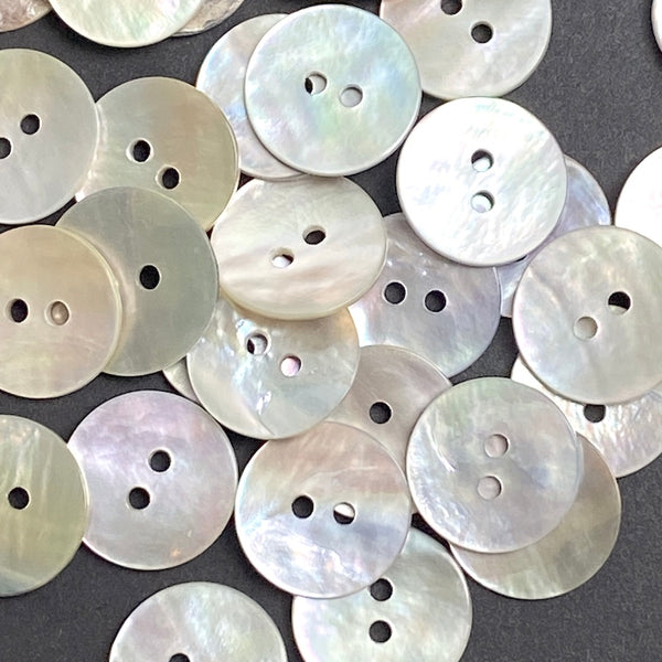 Running Low, Moonrise Mother of Pearl Shell, 9/16" Iridescent 2-Hole Button 14.5mm. Pack of TWENTY   #KB-945