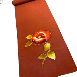 Rust Chirimen, Three Camellias on 3-5/8 Yard Piece, Vintage Kimono Silk Piece from Japan 13.5" x 130"  #776