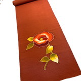 Rust Chirimen, Three Camellias on 3-5/8 Yard Piece, Vintage Kimono Silk Piece from Japan 13.5" x 130"  #776
