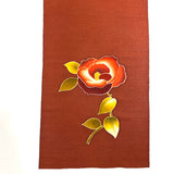 Rust Chirimen, Three Camellias on 3-5/8 Yard Piece, Vintage Kimono Silk Piece from Japan 13.5" x 130"  #776