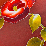Rust Chirimen, Three Camellias on 3-5/8 Yard Piece, Vintage Kimono Silk Piece from Japan 13.5" x 130"  #776