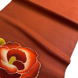 Rust Chirimen, Three Camellias on 3-5/8 Yard Piece, Vintage Kimono Silk Piece from Japan 13.5" x 130"  #776