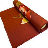 Rust Chirimen, Three Camellias on 3-5/8 Yard Piece, Vintage Kimono Silk Piece from Japan 13.5" x 130"  #776