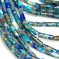 Blue Mix Tube Beads, Faux Turquoise / Rainbow Imperial Jasper Gemstone, 13mm x 4mm, Strand of 30 Beads  #LP-136