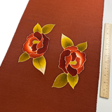 Rust Chirimen, Three Camellias on 3-5/8 Yard Piece, Vintage Kimono Silk Piece from Japan 13.5" x 130"  #776